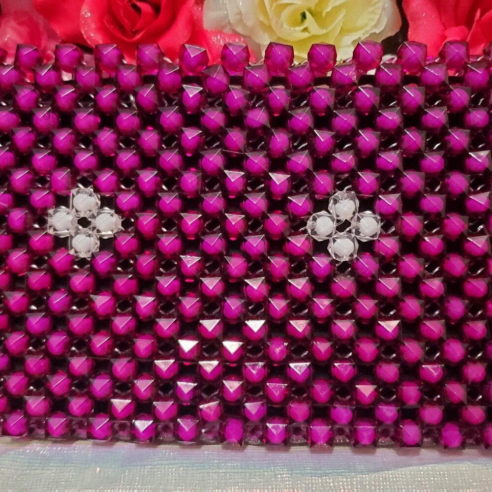 Fuchsia with two White flowers Beaded Purse handmade in Uganda  **Brand New**
